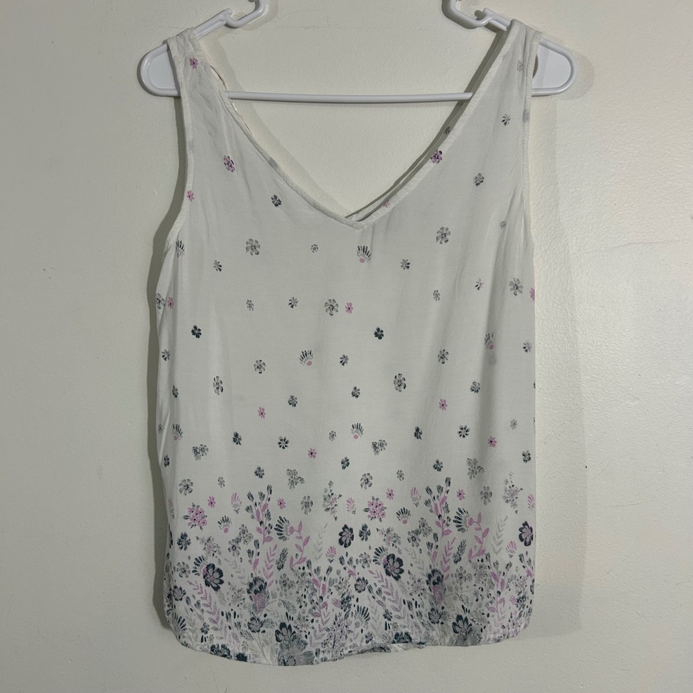 So Floral Tank Top White Purple Gray Sleeveless Casual Women's Size S